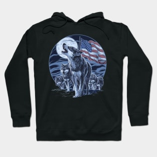 Wolves Under Moon Howling Wolf 4th of July American Flag Hoodie